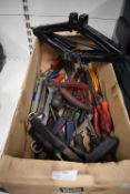 Box of Assorted Tools Including Screwdriver, Spanners, Jack, etc.