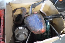 Vintage Motorcycle Parts Including Side Oil Tank, Headlight, Various Filters, etc.