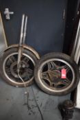 Pair of Motorcycle Wheels with Tyres Including Forks