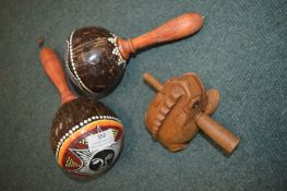 Pair of Coconut Maracas, and a Frog Percussion Instrument