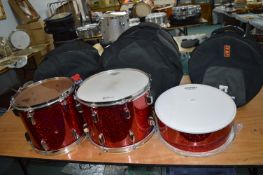 3x Unbranded Drums Including 14” and 12” Toms, and 14” Incomplete Snare, each with Soft Bags