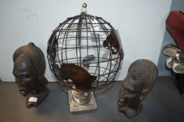 Pair of Wooden Tribal Heads, and a Metal Globe