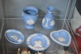 5x Wedgwood Blue & White Jasperware Dishes and Vases