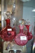 3x Vintage Cranberry Glass Stoppered Ewers