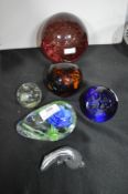 6x Glass Paperweights Including Langham Badger
