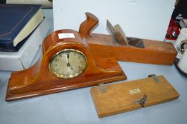 1930’s Mahogany Mantel Clock, Wooden Plane, and a Tie Press