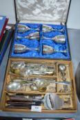 Wooden Cutlery Tray Contyaining Vintage Cutlery plus EPNS Goblet Set