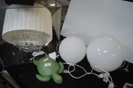 2x White Globe Lamps, Tortoise Lamp, and a Lampshade