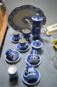 Retro Rye Pottery Coffee Set (1x saucer missing), plus Large Blue & White Meat Plate