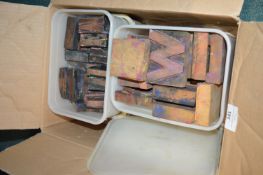Box of Large Wood Type in Plastic Tubs