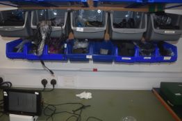 *Eight Blue plastic storage bins containing variou