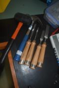 *Rubber Mallet, Claw Hammer, and Joiners Chisels