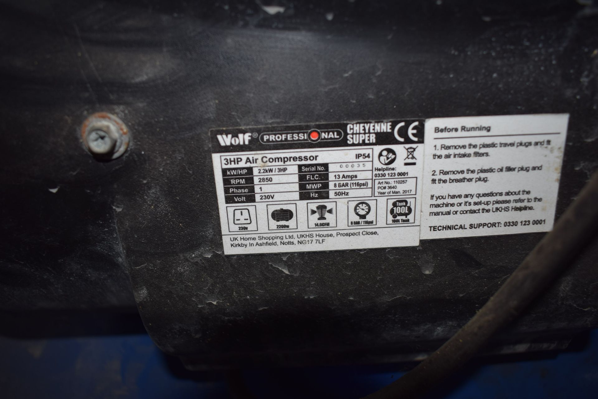*Wolf 3 Hp Air compressor 240v 100l tank - Image 2 of 2