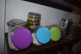 *Contents of Shelf Containing Sweet Jars, Pouring Jug, Stainless Steel Picture Jug