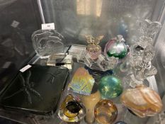 Quantity of glass perfume bottles, paper weights and ornaments
