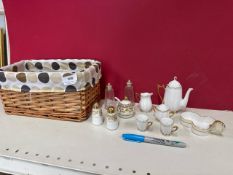 Miniature pottery tea set, salt and pepper shakers and basket