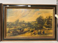 Gilt framed painted print on canvas of a countryside scene 83cm W x 57cm H