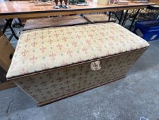 Antique upholstered storage chest, and two matching cushions 117cm W x 60cm D x 60cm H