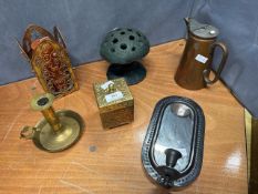 A selection of metal homewares including candle holders, trinket box, jug, etc
