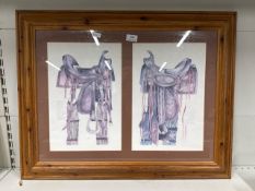 Pine framed print of western horse saddles 75cm W x 59cm H