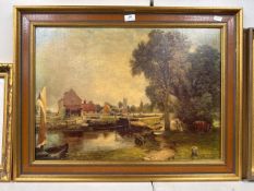 Gilt framed painted print on canvas of a countryside scene Signed John Constable 85cm W x 64cm H