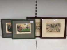 4 x framed prints of sporting cartoon style illustrations (Two Largest 32cm W x 27cm H)