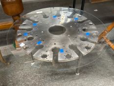 Custom machined metal table with glass top 70cm Diameter