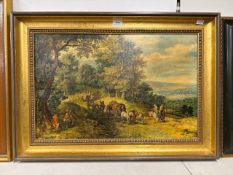 Gilt framed painted print on canvas of a countryside scene 80cm W x 58cm H