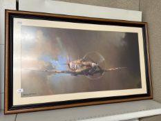 Framed Print of a Supermarine Spitfire By British Artist Barrie A.F. Clark 108cm W x 64cm H