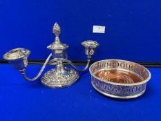 Silver plated candelabra & wine coaster