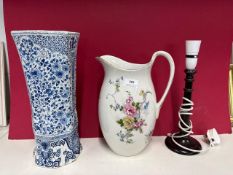 Large porcelain jug, a vase and a lamp