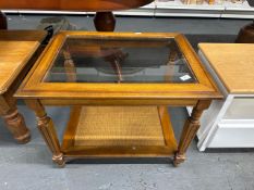 Vintage side table with glass top and cane lower shelf 69cm W x 54cm D