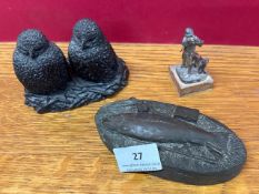 3 ornamental pieces to include 2 Owl Chicks by Richard Fisher