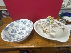 2 transferware bowls and a porcelain candelabra (all A/F)