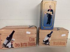 2 x wine bottle holders and Butler figurine holding a corkscrew
