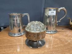 2 tankards and a silver plated rose bowl with glass frog insert
