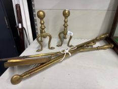 2 x vintage brass firedogs and fireside tools