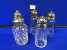 4 x Glass sugar shakers with silver plated collars