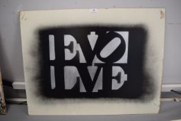 Unsigned stencil streetart on board 'Devo'