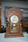 American 8-Day Oak Mantel Clock New Haven, Connecticut with Gingerbread Carving