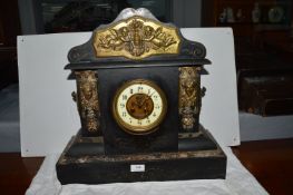 Large Victorian Black Slate & Marble Mantel Clock with Brass Applied Details and Handles