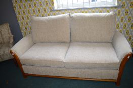Wood Framed Two Seat Sofa in Oatmeal Upholstery