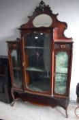 Victorian Mahogany Ornate Triple Display Cabinet with Carved Detail, Mirror Back, and Velvet Lined