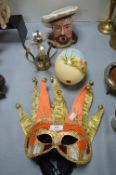 Fancy Dress Jesters Mask, Ostrich Egg, Henry VIII Toby Jug, etc.