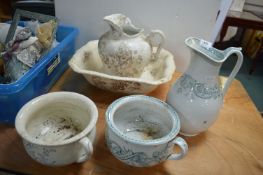 Victorian Washing Bowl and Jugs (AF), 2x Chamber Pots, and a Water Jug