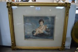 Gilt Framed Victorian Print of a Cherub on a Cloud