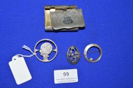 87% Silver Coin Brooches, and 30% Silver Snuff Box (AF)