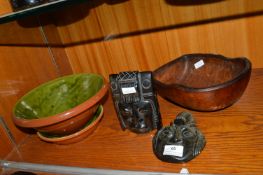 2x Glass Aztec Design Paperweights , and Studio Pottery Bowl and Drainer