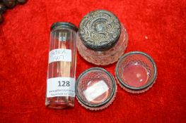 4x Glass Jars with Silver Tops and Rims - Hallmarked Chester 1907 (some faults to lids)