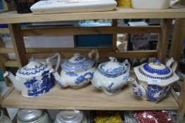 4x Vintage Blue & White Teapots